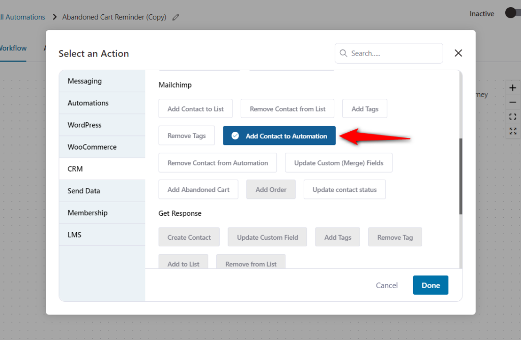 Specify the add contact to automation for woocommerce mailchimp integration use case