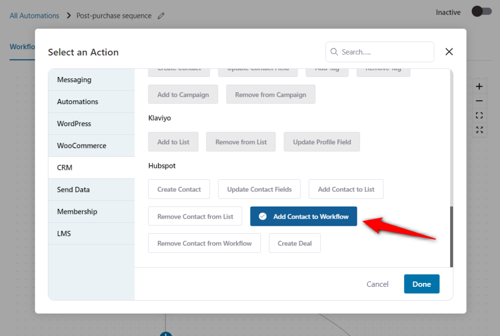 Next, select the add contact to workflow action