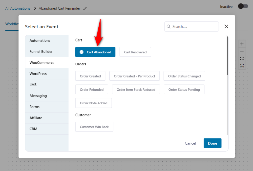 Add the cart abandoned event trigger for your next woocommerce mailchimp integration use case