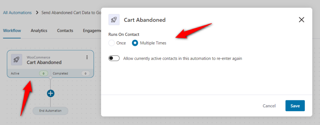 Add the cart abandoned event trigger to funnelkit automations