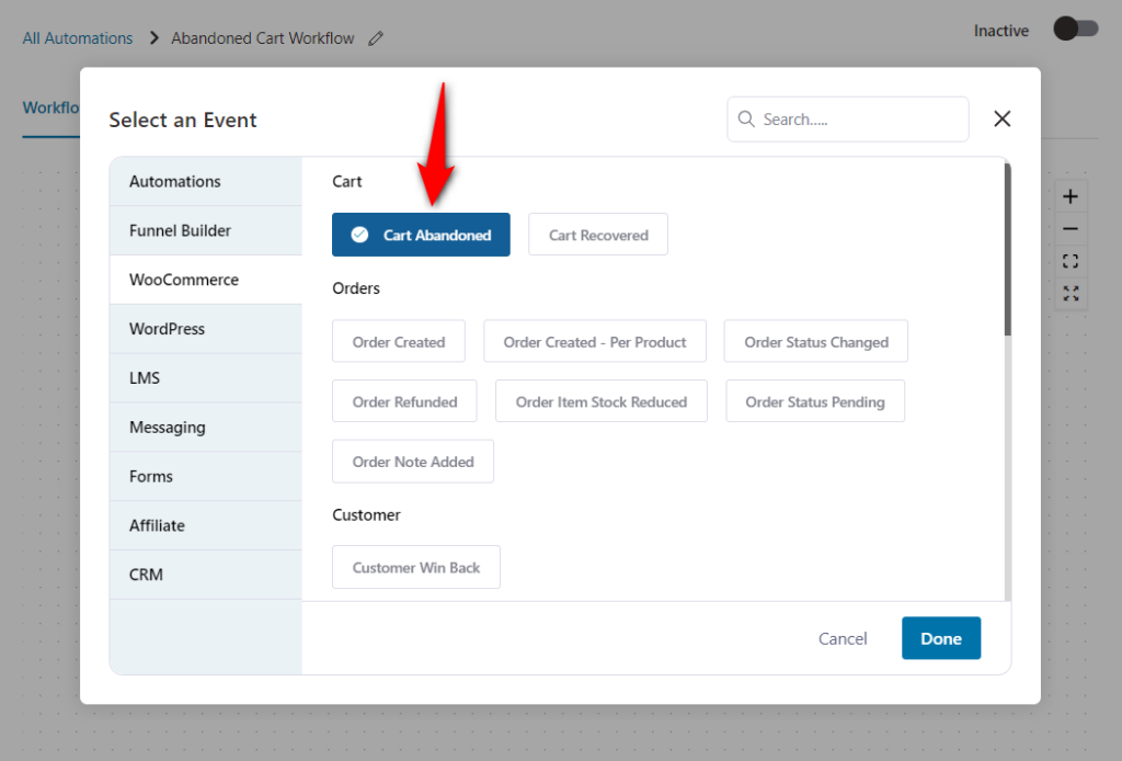 Add the cart abandoned event trigger for abandoned cart recovery automation for woocommerce hubspot integration 