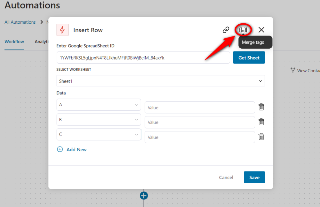 Click on the merge tags to bring in values from the form when a user submits it
