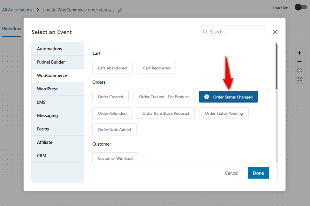 Choose the order status changed event trigger for woocommerce google sheets automation use case