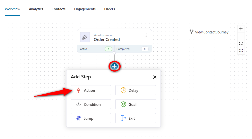 Click on the plus icon and select action for woocommerce hubspot integration use case