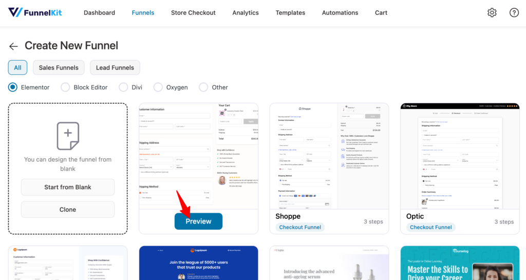 click on preview on minimalist to create a sales funnel

