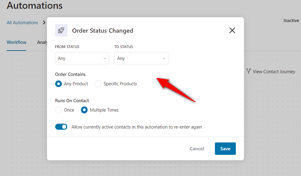 Configure the order status changed with the from status and to status