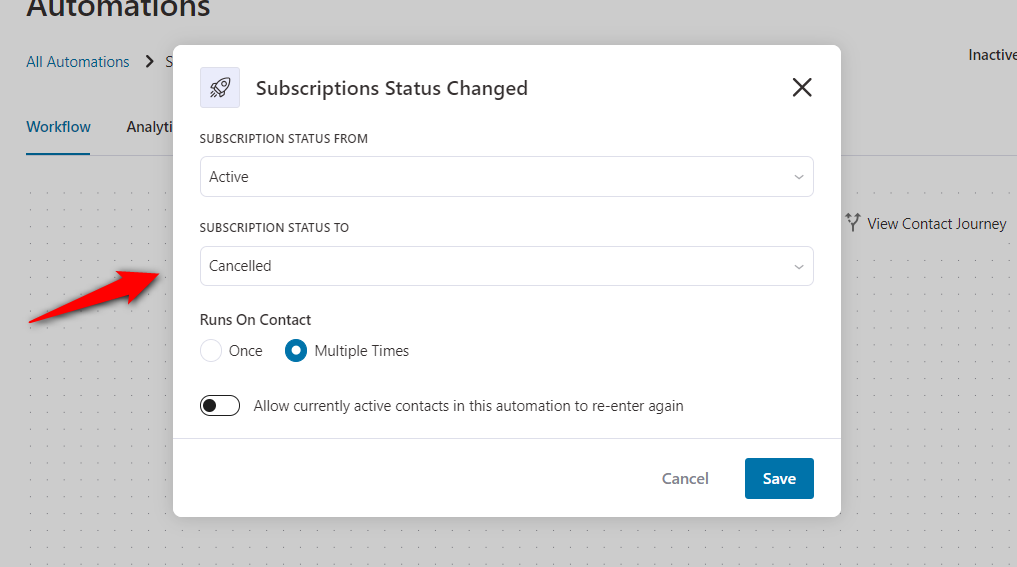 Configure the subscription from status as pending and to status as cancelled 