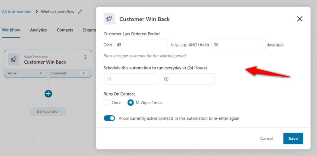 Configure the customer winback trigger to set up woocommerce hubspot integration use case for re-engagement campaigns