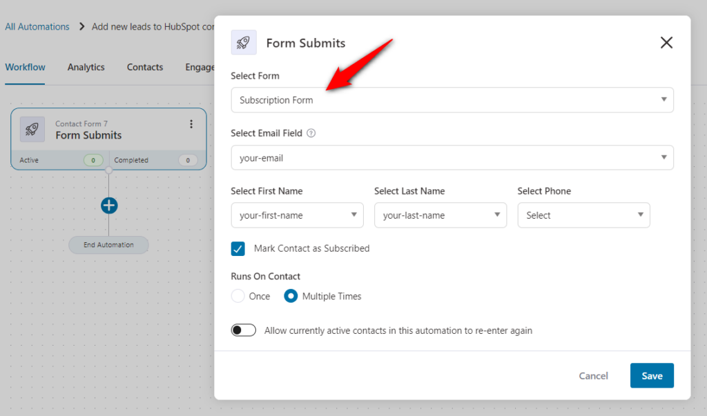 Set and configure the form submits event trigger for your woocommerce hubspot integration use case that adds new leads to your HubSpot contacts
