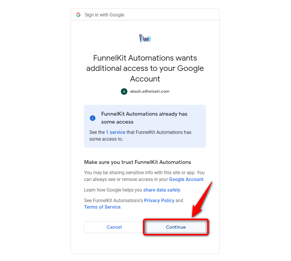 Click on continue to authorize the woocommerce google sheets connection