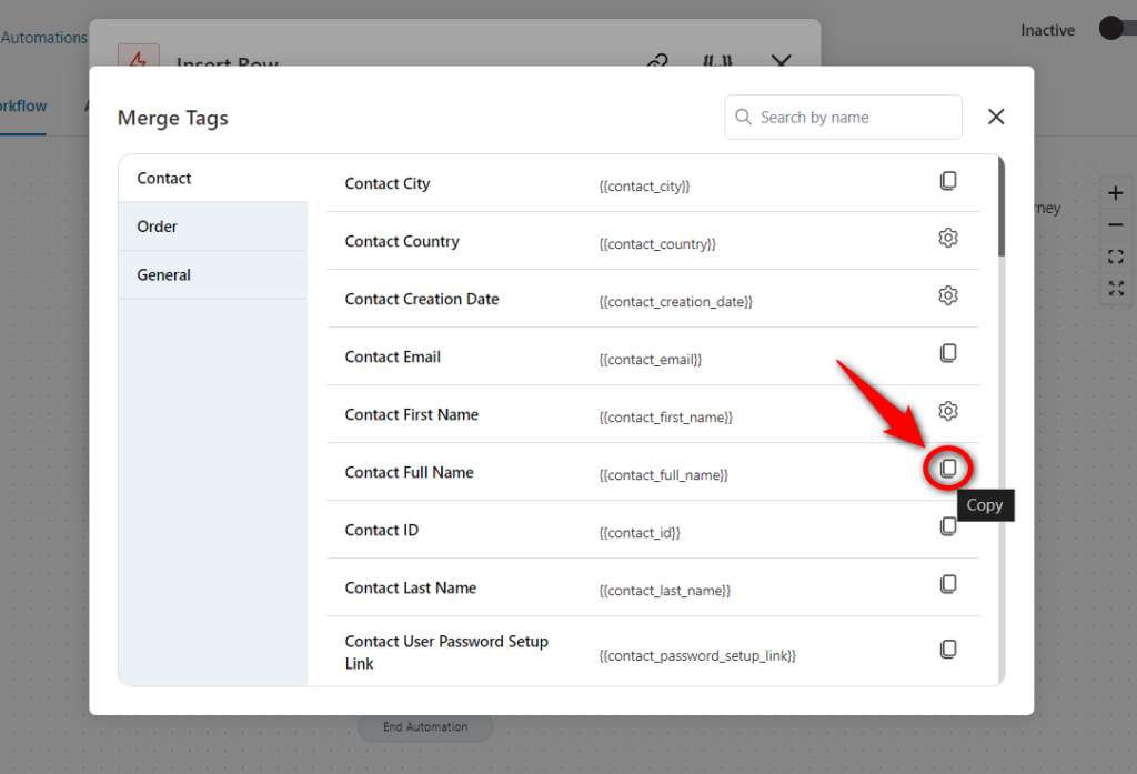 Go to merge tags and copy the contact full name merge tag to be used for woocommerce google sheets use case