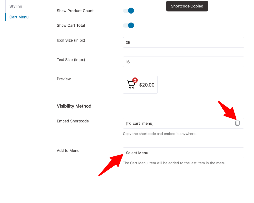 copy shortcode to add WOoCommerce cart icon to menu