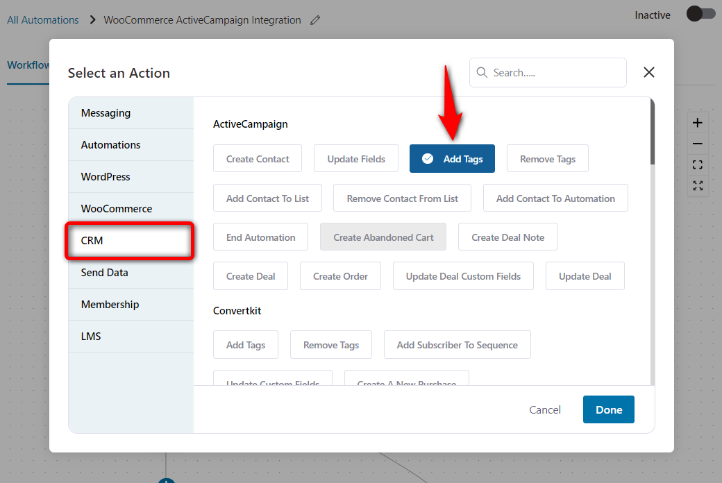 select the activecampaign add tags action