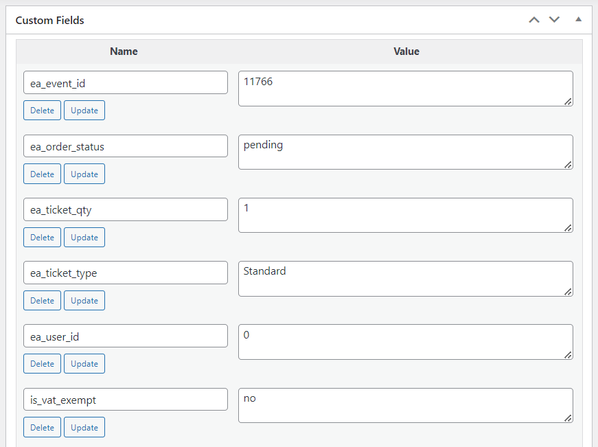 Custom fields linked with an order from a third-party events manager plugin
