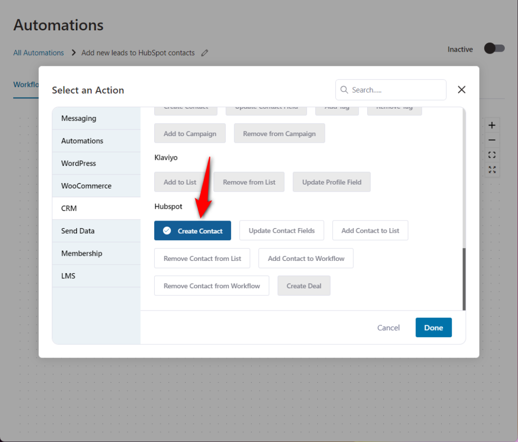 add the 'create contact action under hubspot crm in funnelkit automations
