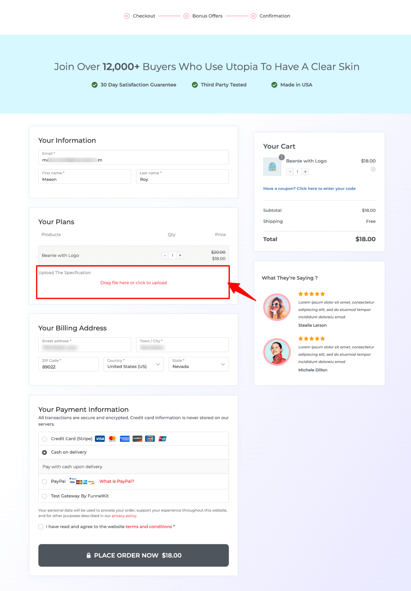 preview of woocommerce add file upload to checkout
