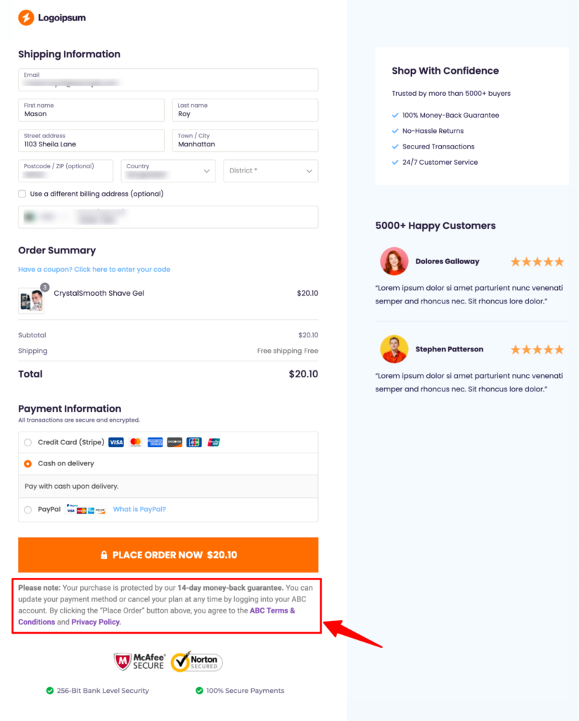 add woocommerce checkout page terms and conditions without checkbox