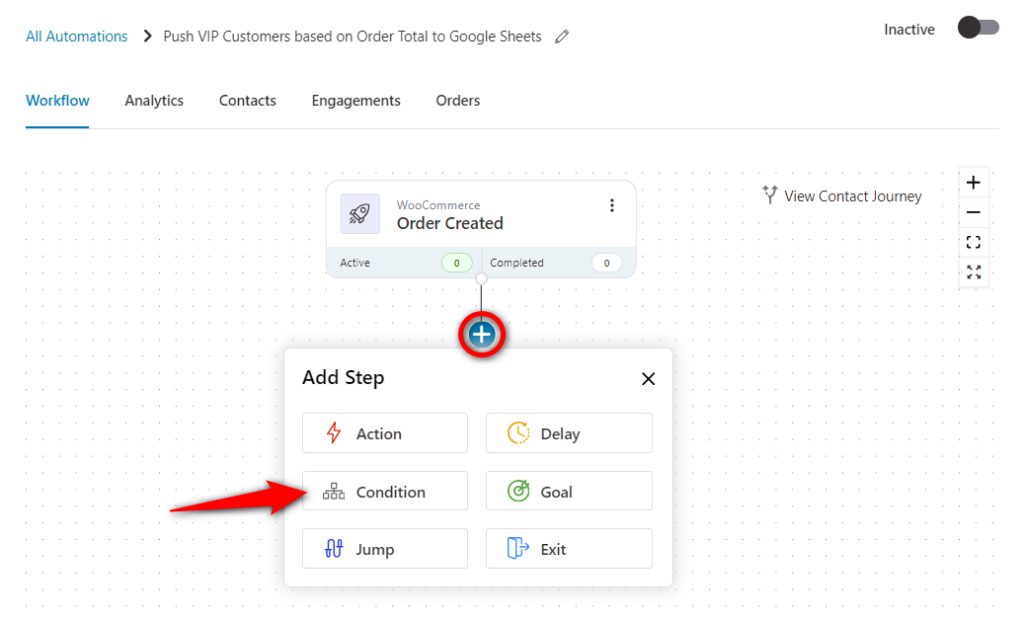 Add a condition next to your woocommerce order created event trigger