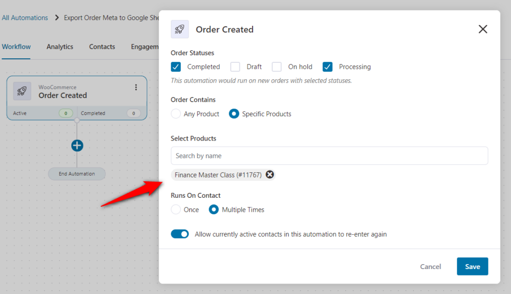 Configure the order created by assigning the specific master class product