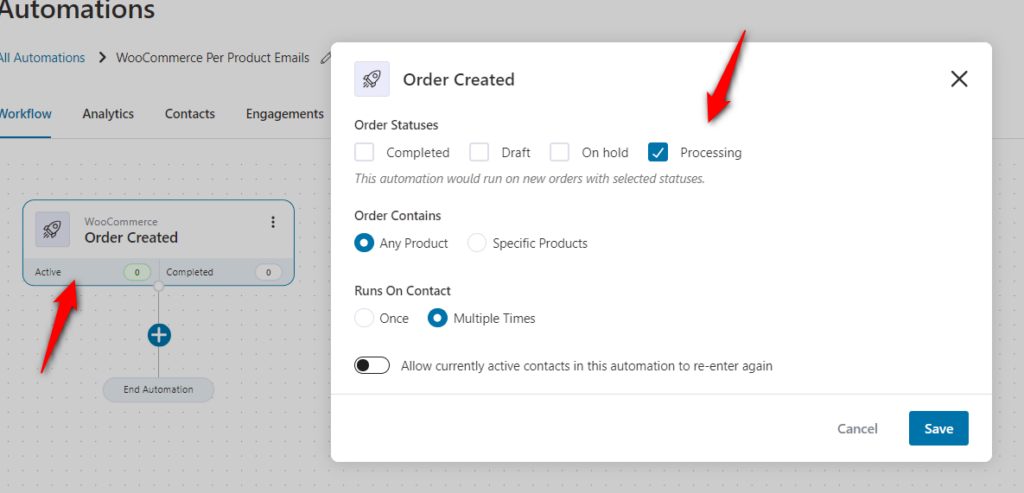 Selecting the order statuses for WooCommerce per product emails