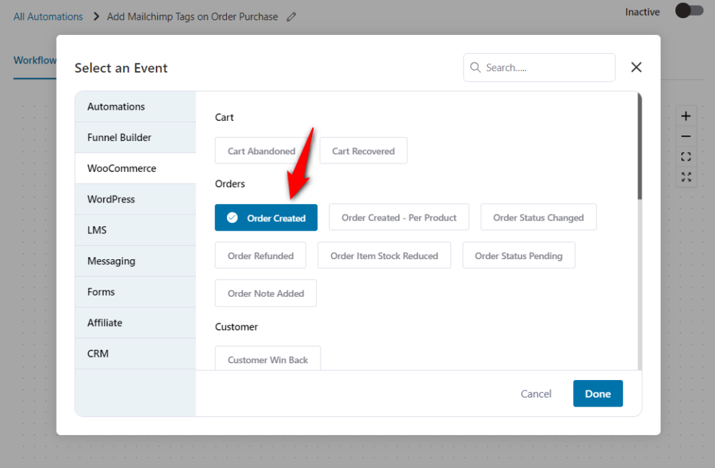 Add the woocommerce order created event trigger