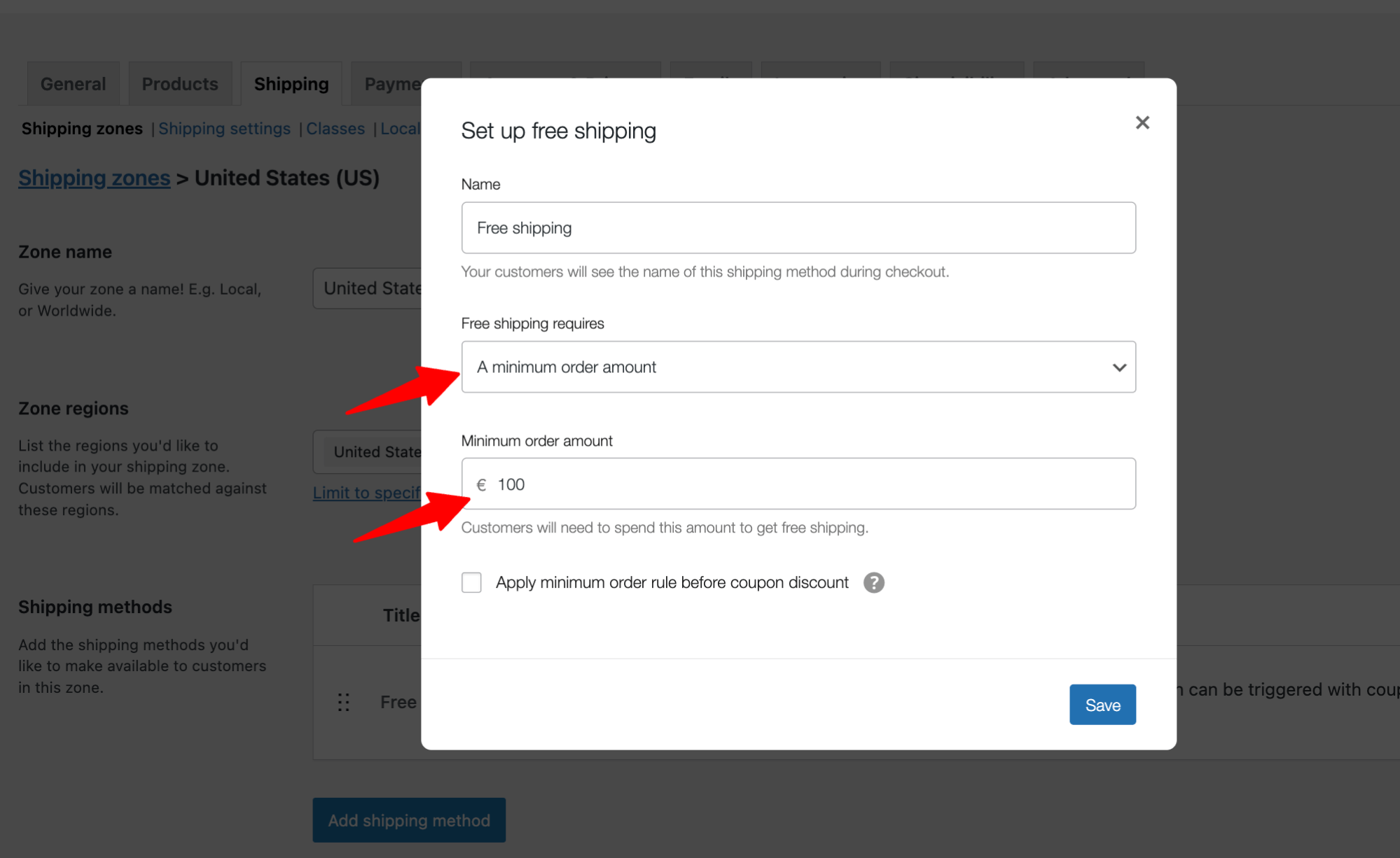 set fre shipping over a certain order total for a particular geograhical location