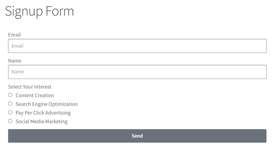 User sign up form created with elementor forms