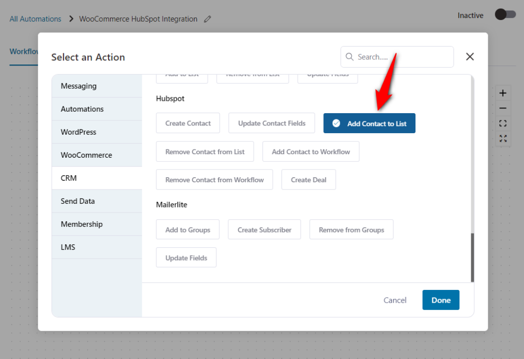 Set the add contact to list action