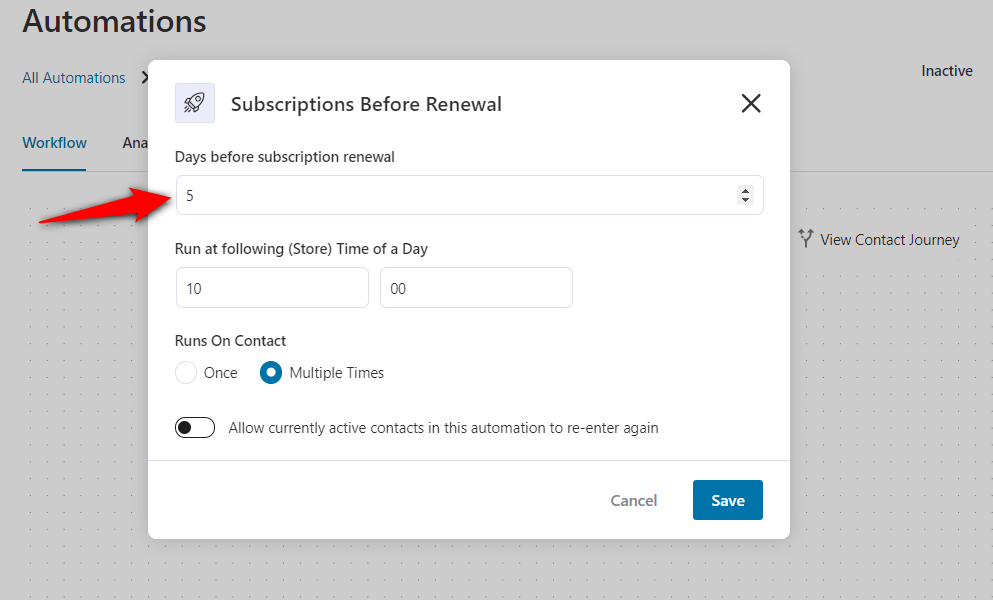 Specify the number of days before sending the subscription renewal reminder event