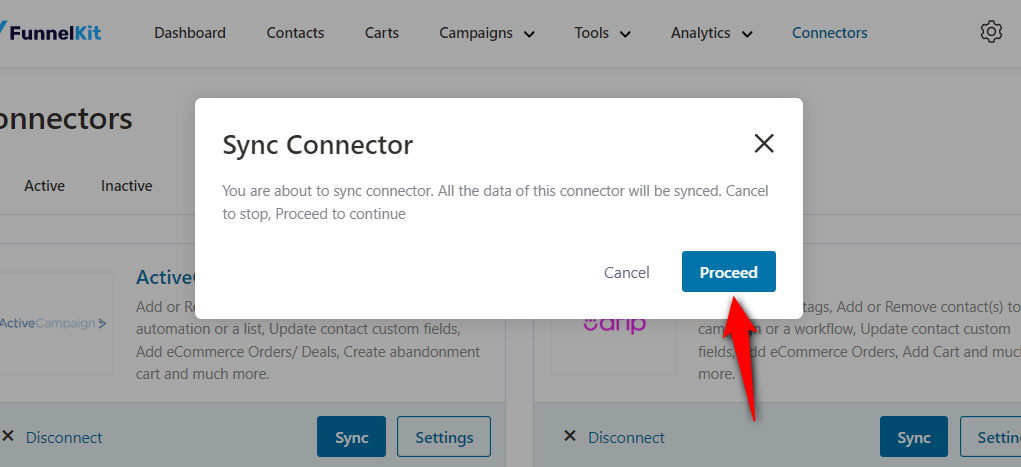 click on proceed to continue syncing woocommerce data with activecampaign integration