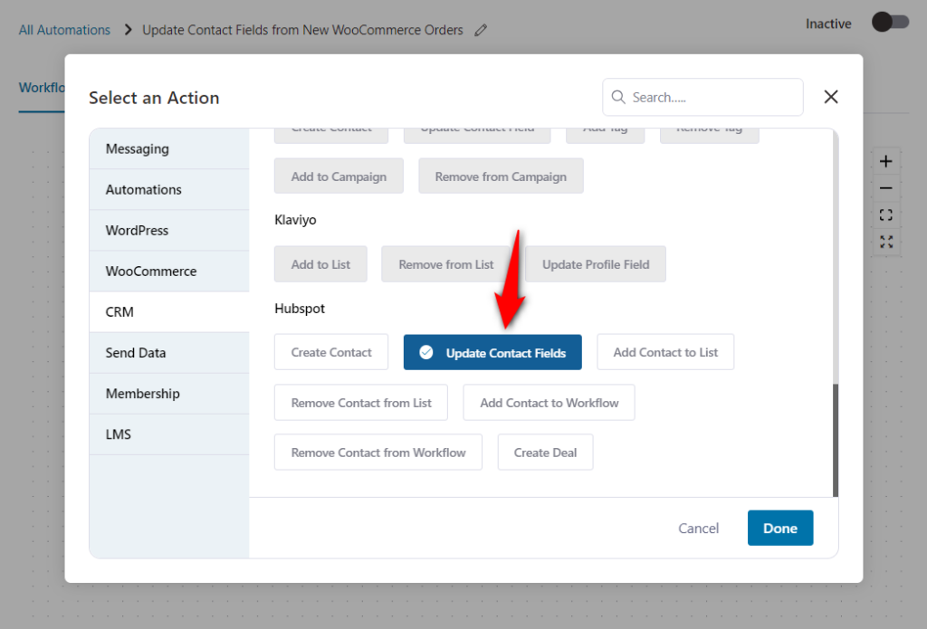 Add the update contact fields action to set up woocommerce hubspot integration use case