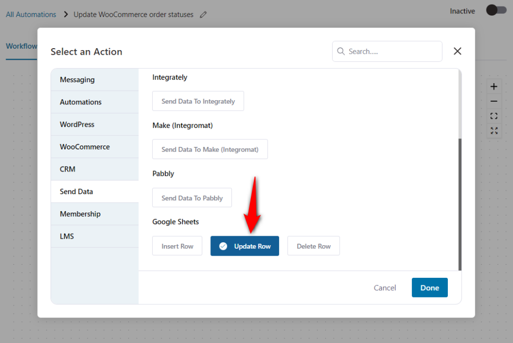 Add the update row action for woocommerce google sheets integration use case