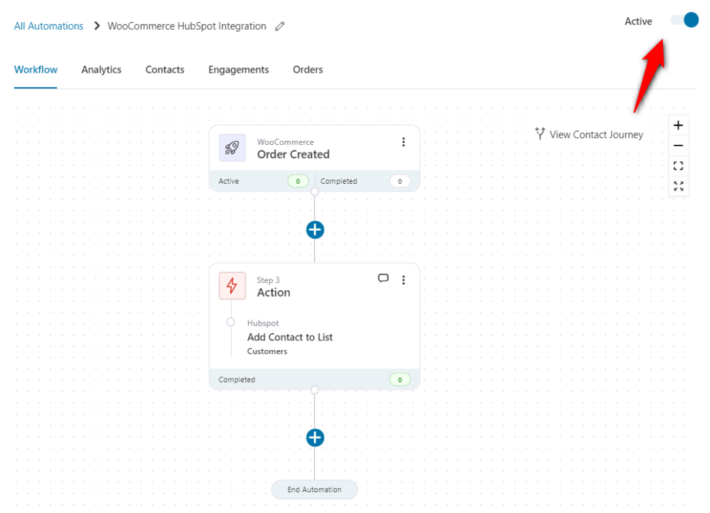 Toggle the woocommerce hubspot integration automation to active