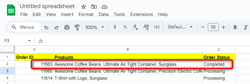 This automation has successfully updated the order status - this woocommerce google sheets automation works perfectly