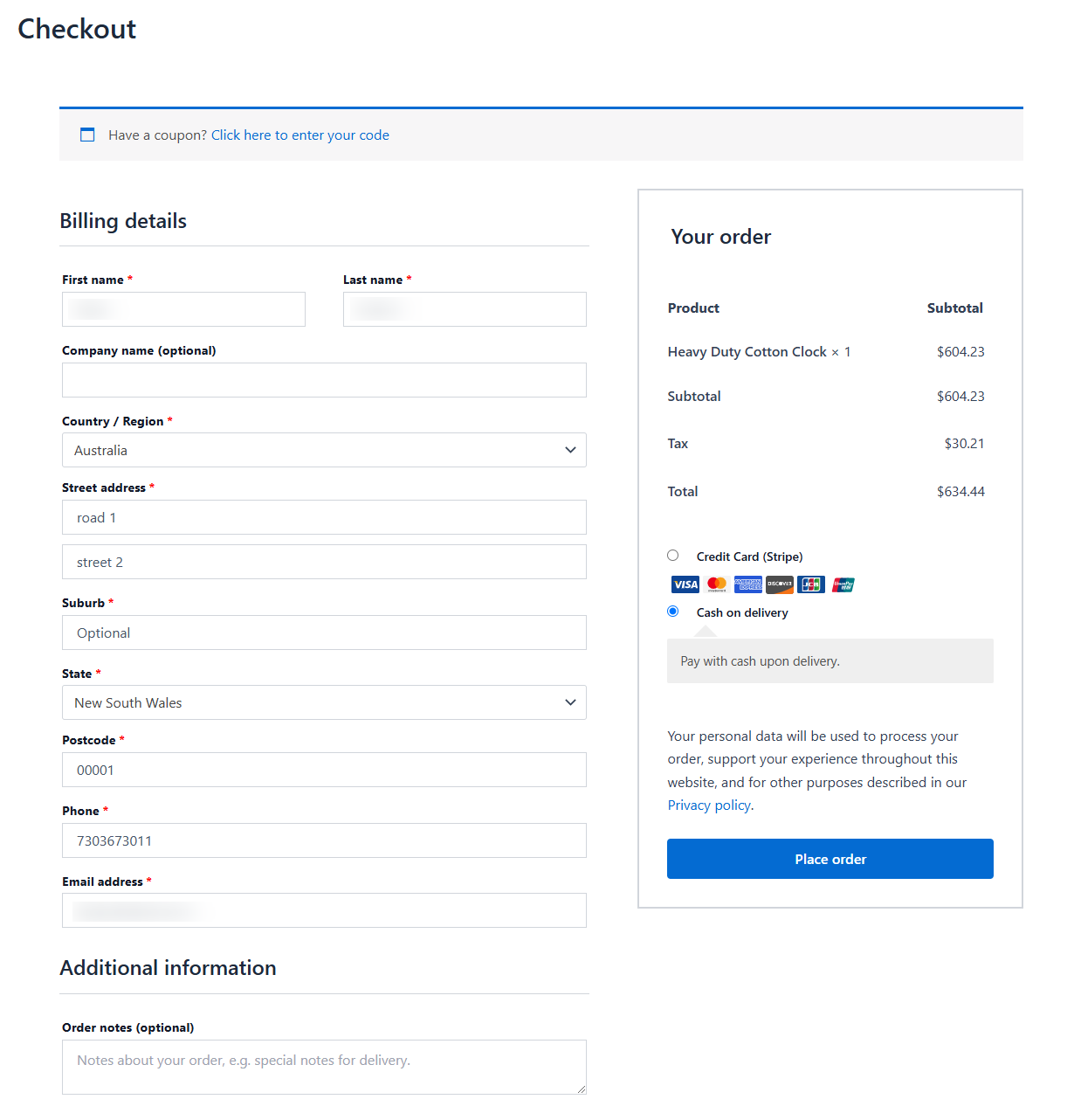 Default checkout page of WooCommerce