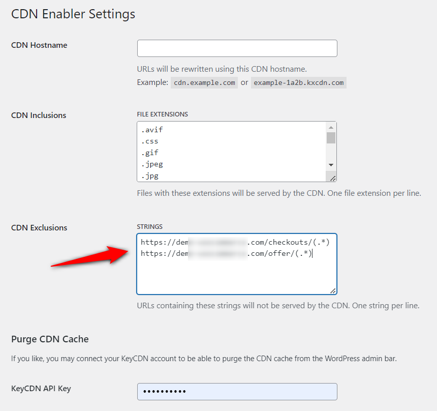 Include the checkout and upsell page strings you want to exclude from woocommerce caching in cdn enabler plugin