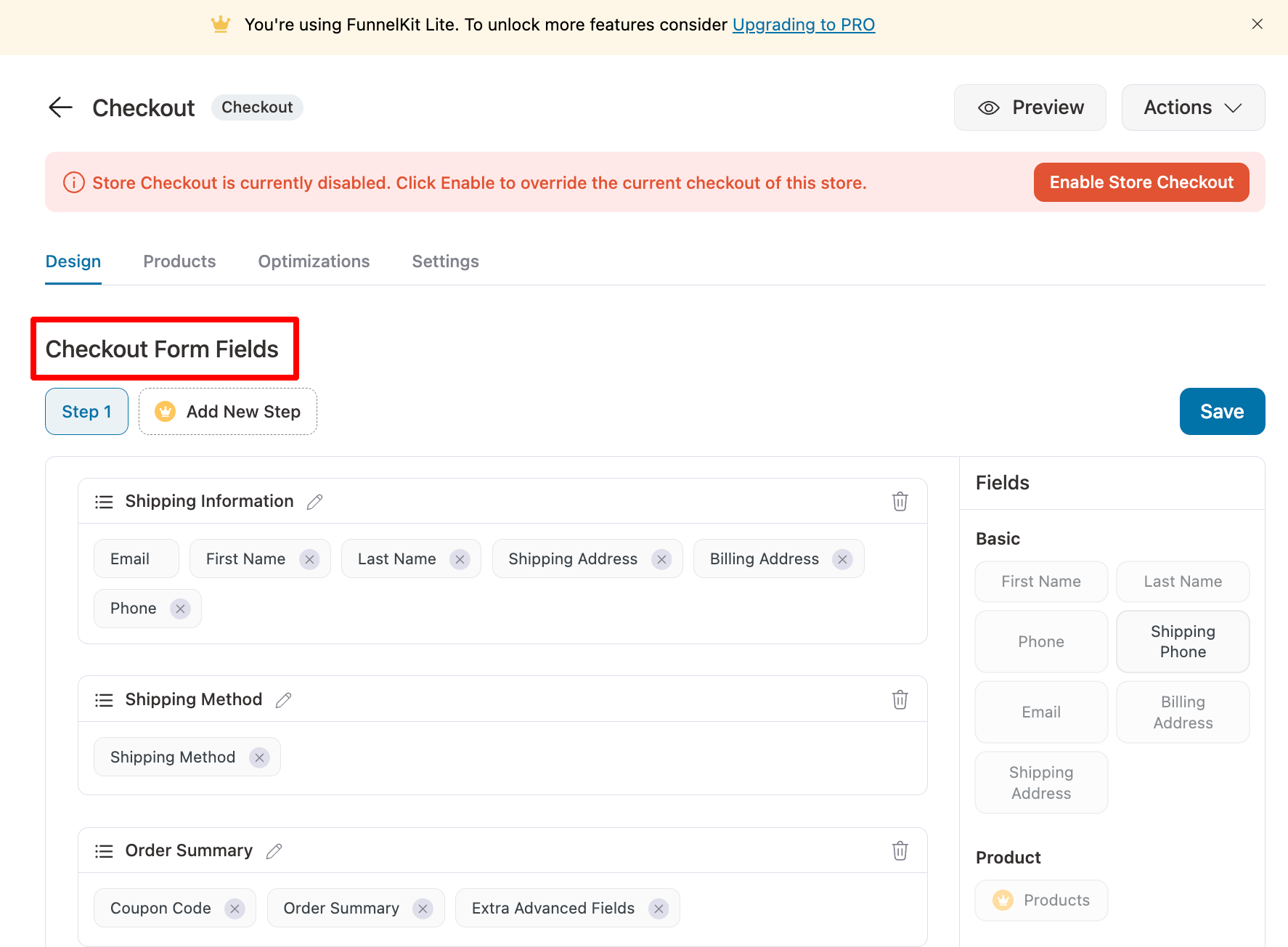 checkout form fields