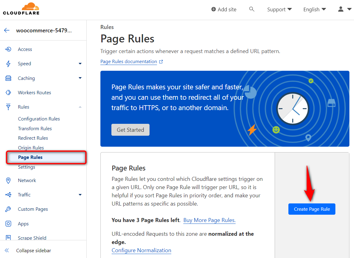 Log in to your cloudflare account and hit the create page rule button from page rules section