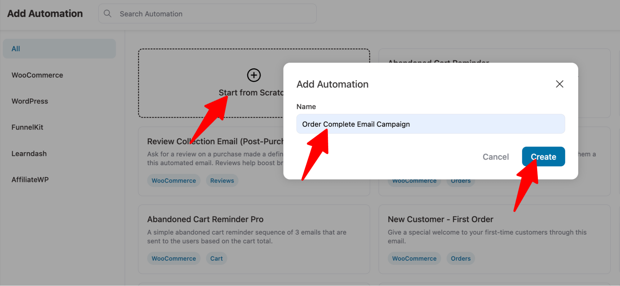 name automation for WooCOmmerce email customizations, create order complete email campaign