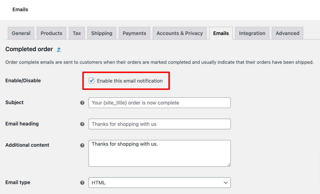 enable email notification for completed order