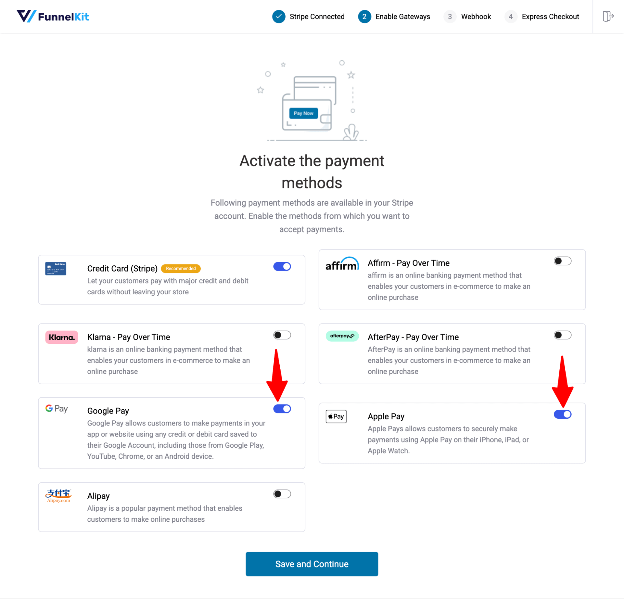 enable google pay, apple pay and credit card