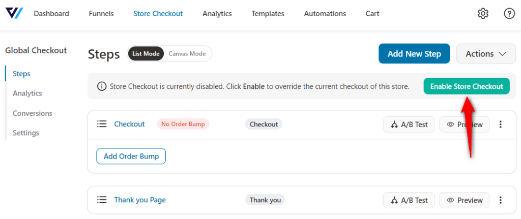 Turn the toggle to enable store checkout in WooCommerce