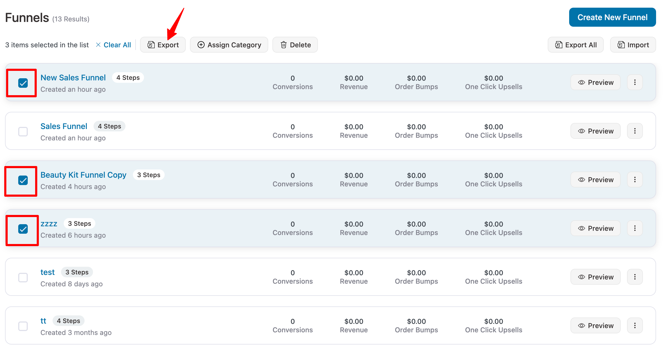 hit export funnel for chosen funnels