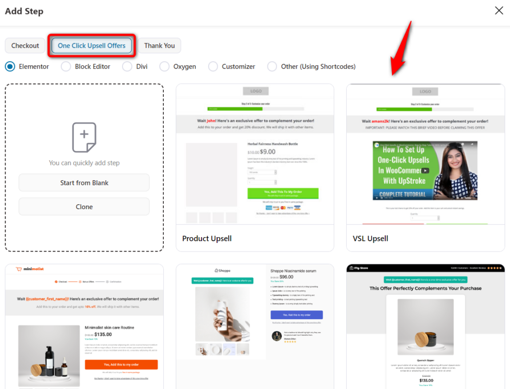 One-click upsell templates available in FunnelKit