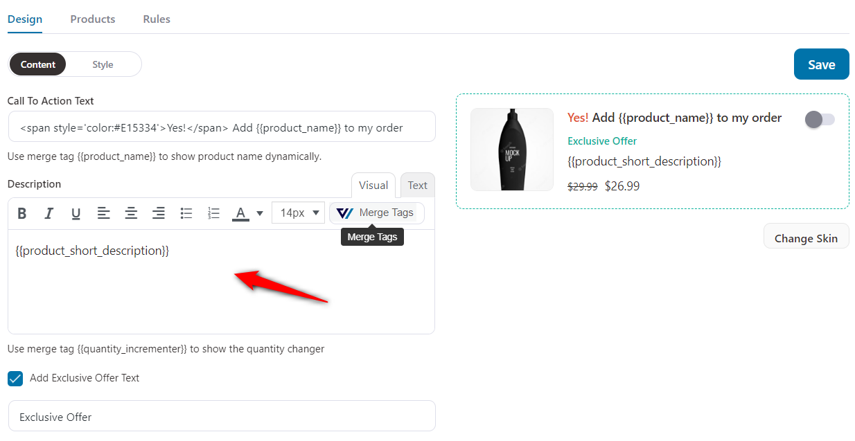 Design - Content tab - enter the description