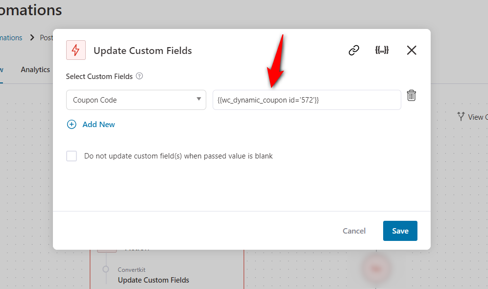 Add the woocommerce coupon merge tag to the custom field in ConvertKit 