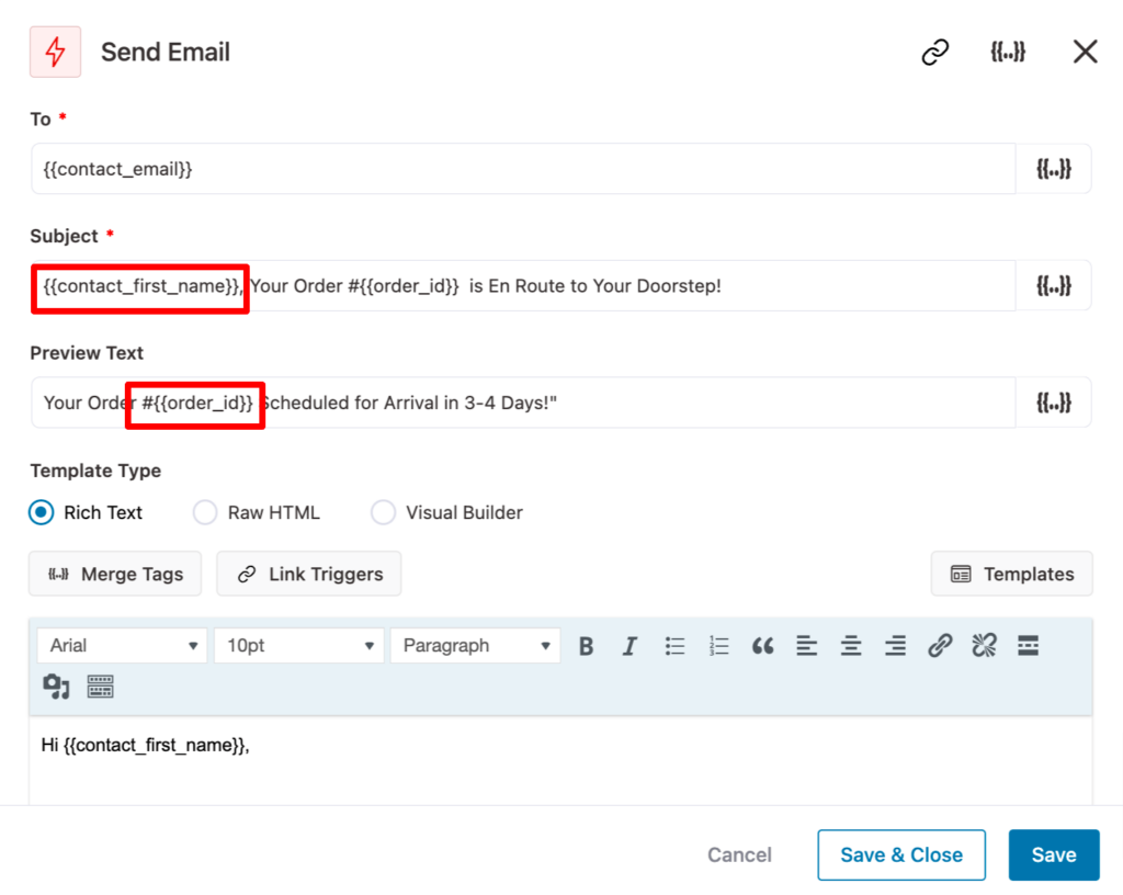 personalize email subject and merge tag