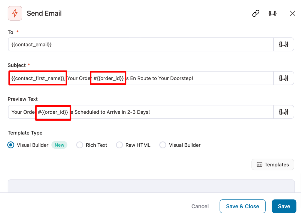 Personalize the email subject and preview text for an order confirmation email.