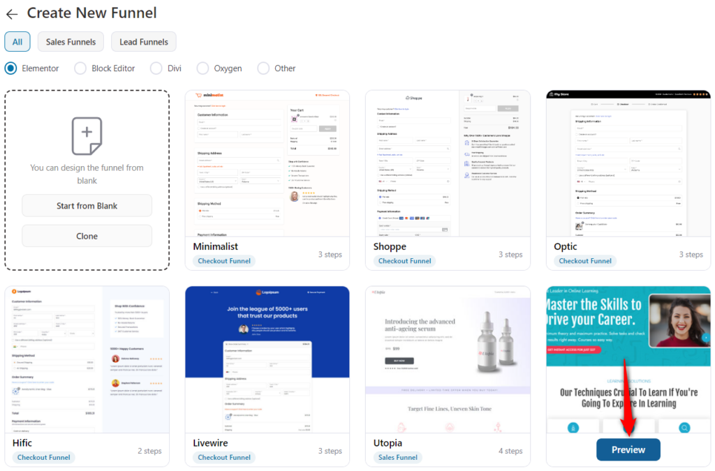 Sales funnel templates - click on preview