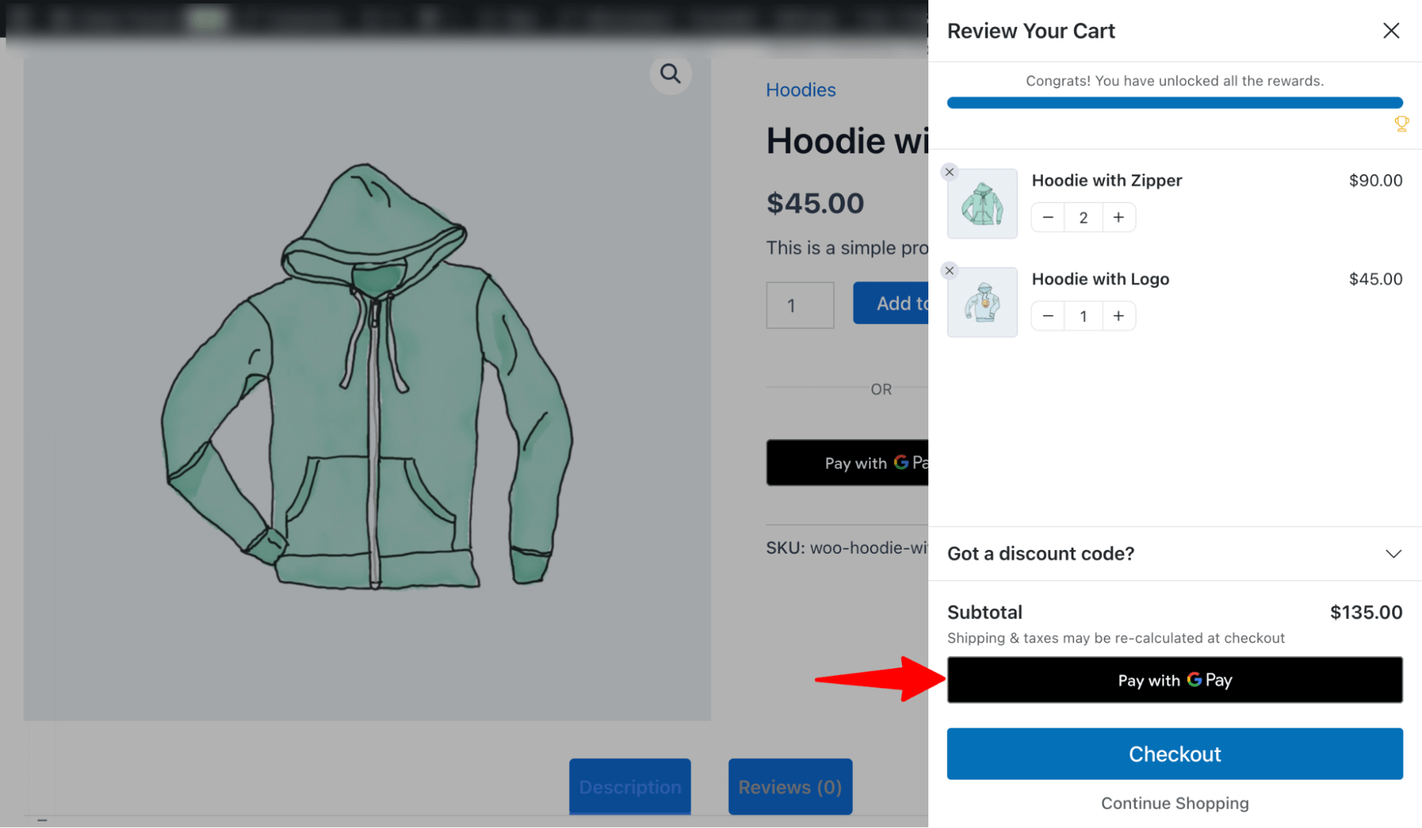 preview one click checkout on woocommerce slide cart